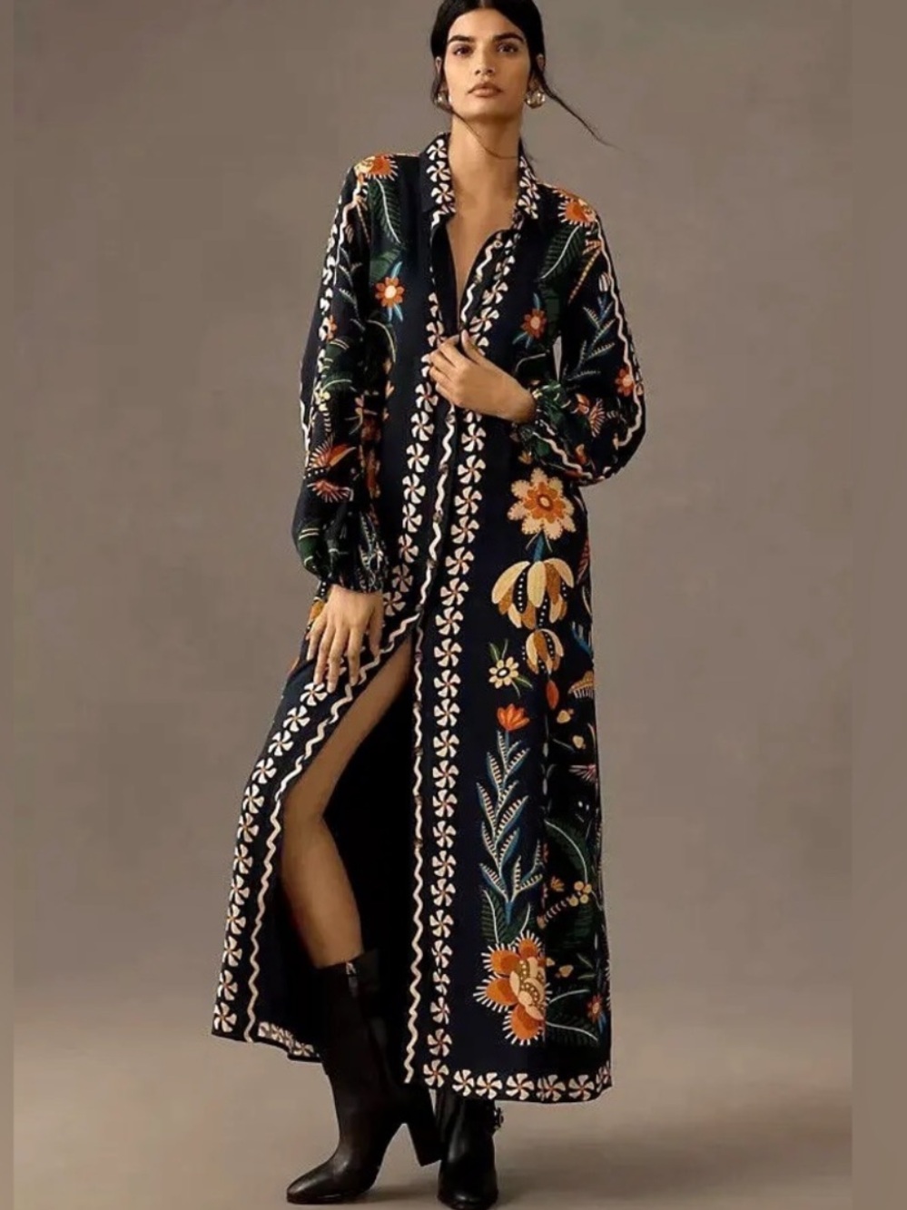 FARM Rio Navy Maxi Dress with Orange, Yellow & Green Floral Embroidery